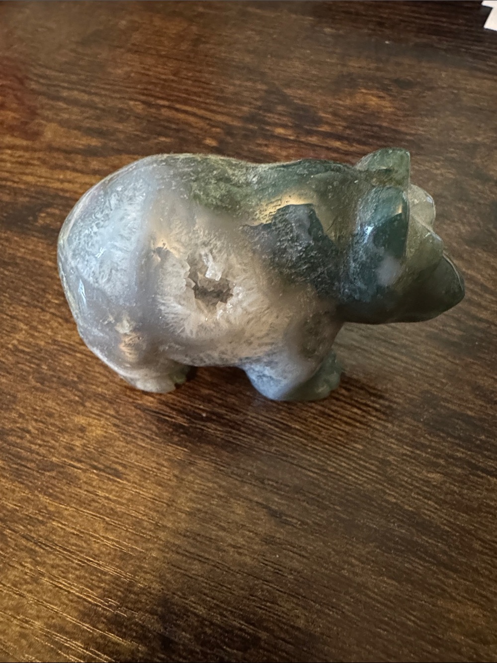 Hand-Carved Green Moss Agate Bear Figurine - Decorative Home Accent